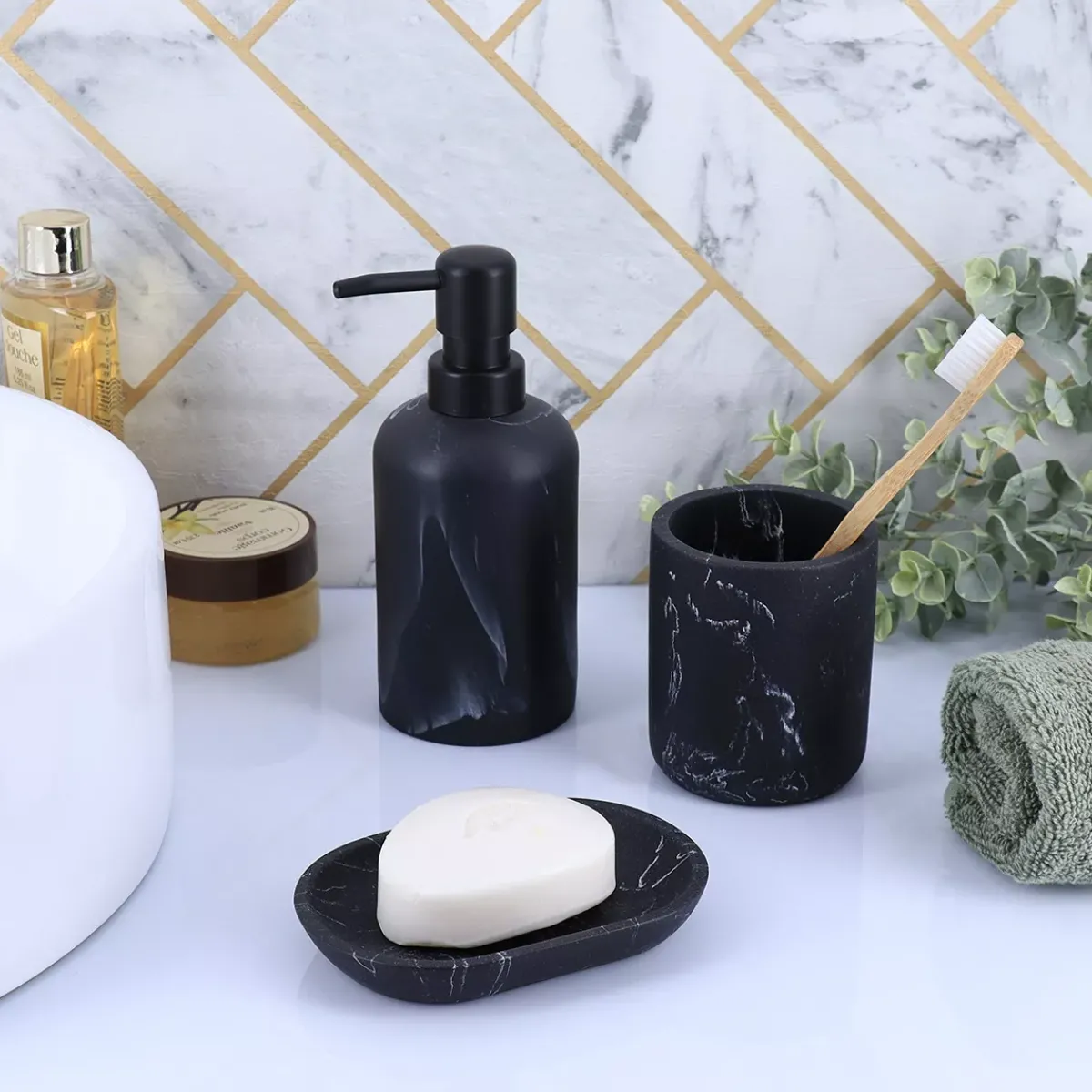 TENDANCE Accessori Bagno-Set bicchiere, portasapone e distributore in poliresina effetto marmo Séma