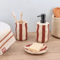 TENDANCE Accessori Bagno-Set bicchiere, portasapone e distributore in grès a righe Jeanne