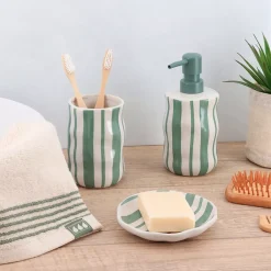 TENDANCE Accessori Bagno-Set bicchiere, portasapone e distributore di sapone in grès a righe Jeanne