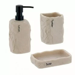 TENDANCE Accessori Bagno-Set bicchiere portaspazzolino e distributore in poliresina effetto pietra Paola