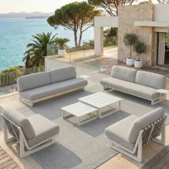 Set da giardino in alluminio 8 posti 6 pezzi Long Beach Bianco cenere e grigio chiaro