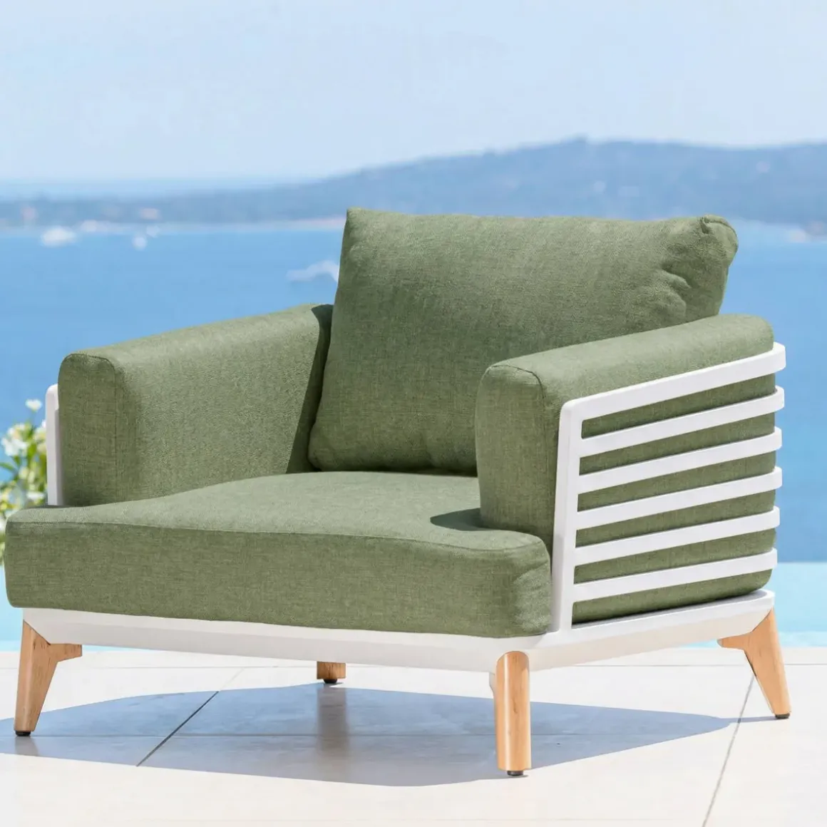 Set da giardino in alluminio 7 posti 6 pezzi Monte Carlo Bianco e verde rosmarino