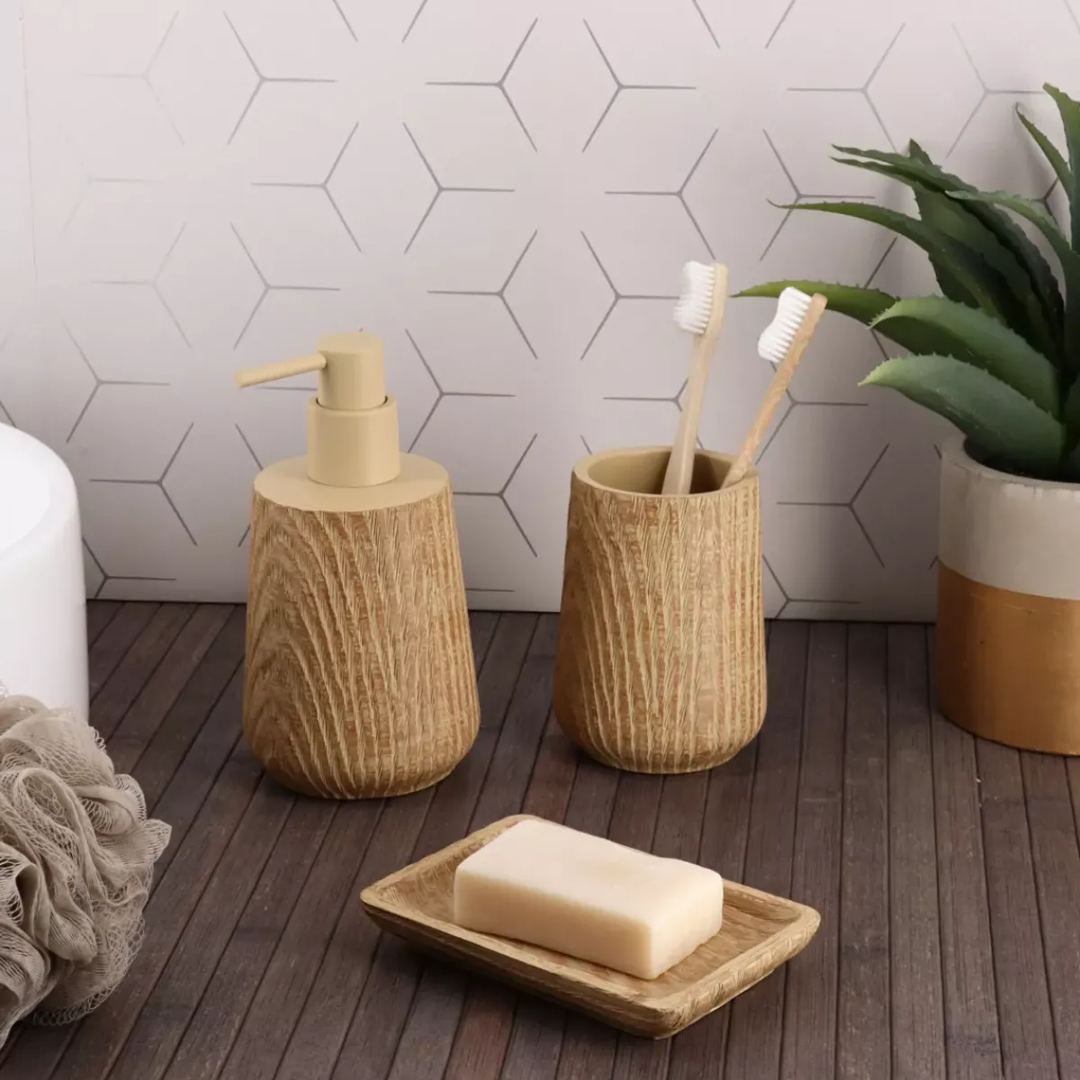 TENDANCE Accessori Bagno-Set di accessori per il bagno effetto legno Scandi