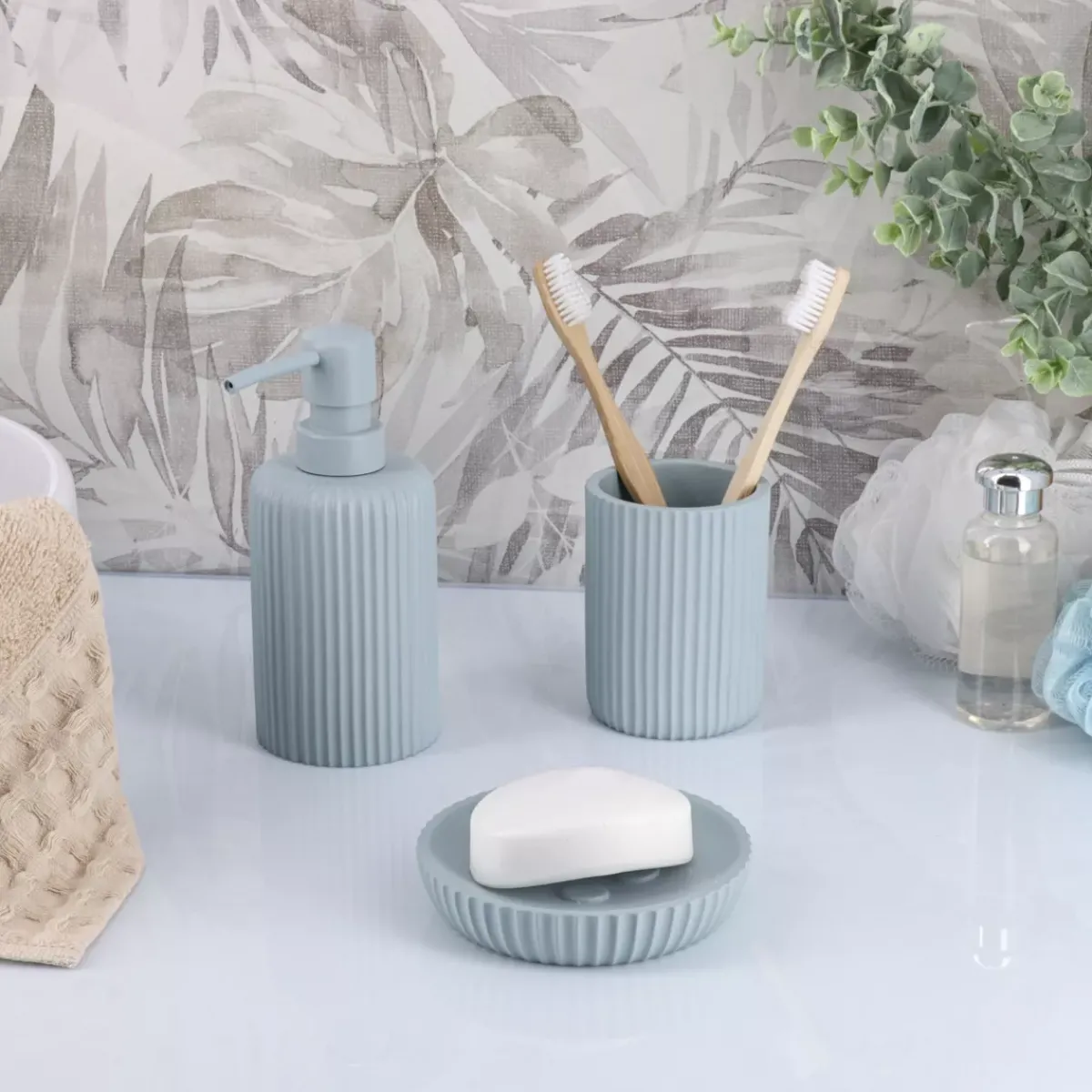 TENDANCE Accessori Bagno-Set di accessori per il bagno in resina Striato Azzurro