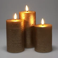 KOOPMAN Candele Natalizie-Set di 3 candele LED scintillanti a pile (D7,5 cm) Mystery Dorate