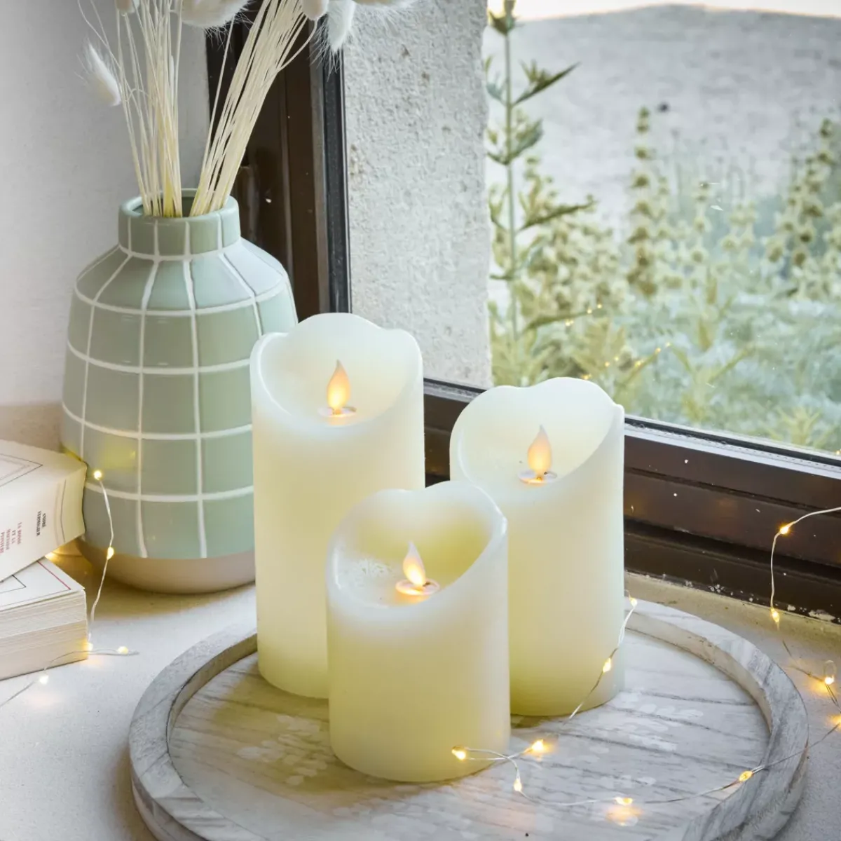 KAEMINGK Candele Natalizie-Set di 3 candele LED tremolanti (D7,5 cm) Cera naturale Crema