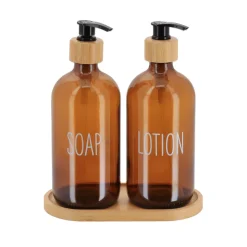 TENDANCE Accessori Bagno-Set di 2 distributori di sapone in vetro e 1 vassoio in bambù Soap Ambra