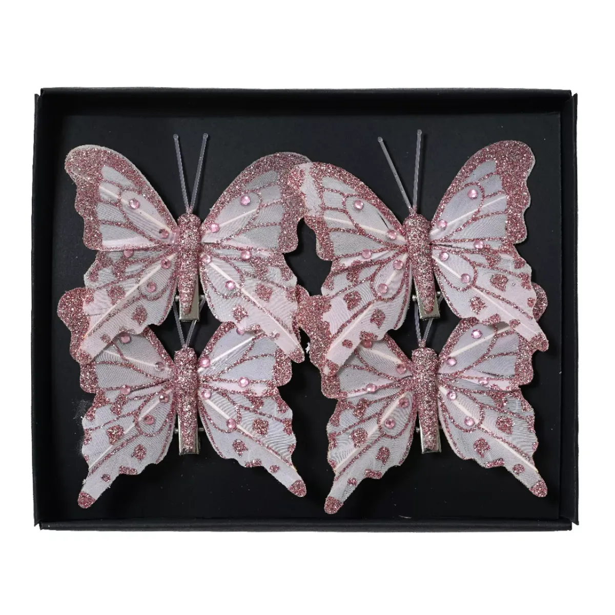 KAEMINGK Addobbi Natalizi-Set di 4 farfalle su pinza (H8 cm) in mini perline e rosso cipria