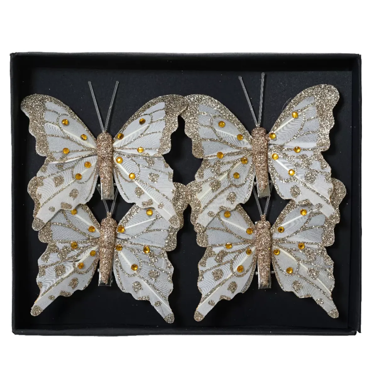 KAEMINGK Addobbi Natalizi-Set di 4 Farfalle su pinza (H8 cm) Scintillii e perle dorate