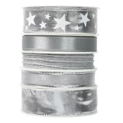 KAEMINGK Decorazione Da Tavola-Set di 5 nastri di Natale 3 m - Raso e stelle Argento metallizzato