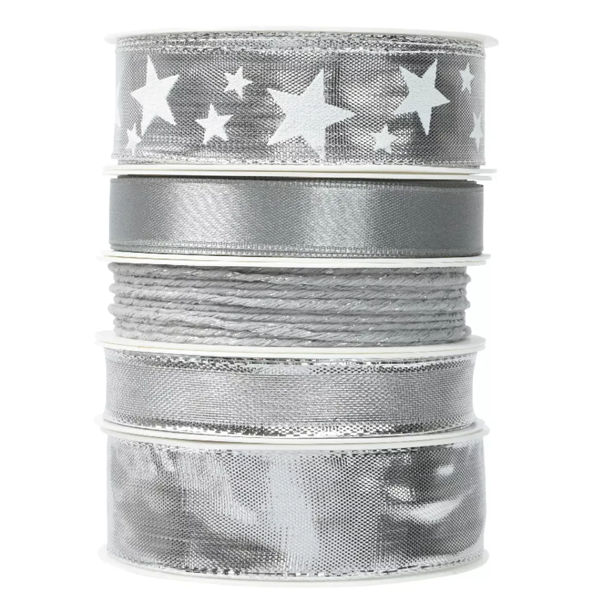 KAEMINGK Decorazione Da Tavola-Set di 5 nastri di Natale 3 m - Raso e stelle Argento metallizzato