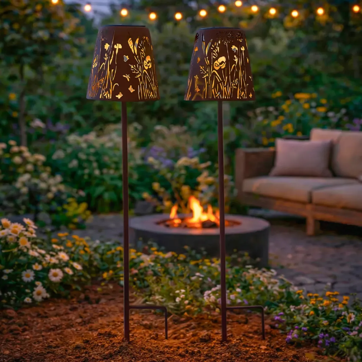 #N/A Luci Per Esterno-Set di 2 paletti da giardino solari LED (H58 cm) Floreale rustico