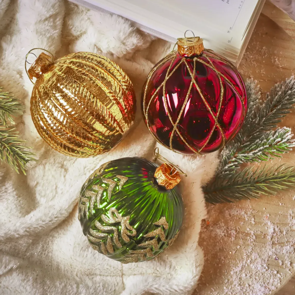 KAEMINGK Palline Di Natale-Set di 12 palline di Natale in vetro (D100 mm) Sogno , verde abete e oro