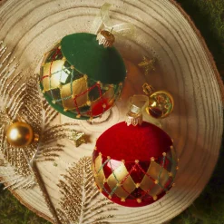 KAEMINGK Palline Di Natale-Set di 6 palline di Natale in vetro (D80 mm) Quadretti di velluto Bordeaux e verde abete