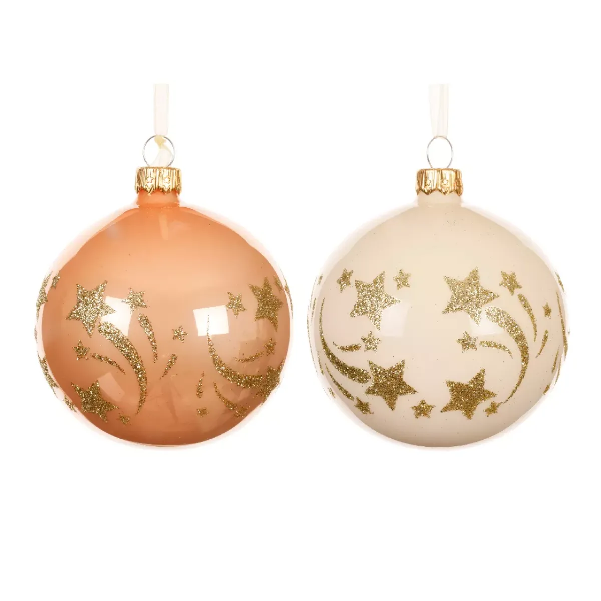 KAEMINGK Palline Di Natale-Set di 6 palline di Natale in vetro (D80 mm) Stelle cadenti Pesca e bianco