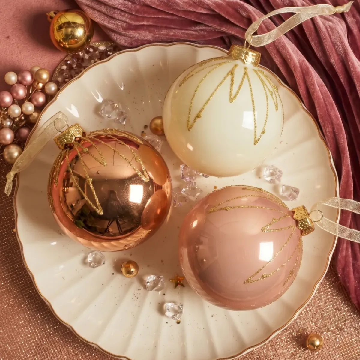 KAEMINGK Palline Di Natale-Set di 12 palline di Natale in vetro (D80 mm) chic , bianco lana e pesca