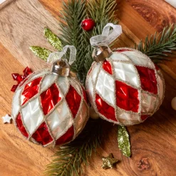 KAEMINGK Palline Di Natale-Set di 12 palline di Natale in vetro (D80 mm) a scacchi e bianco
