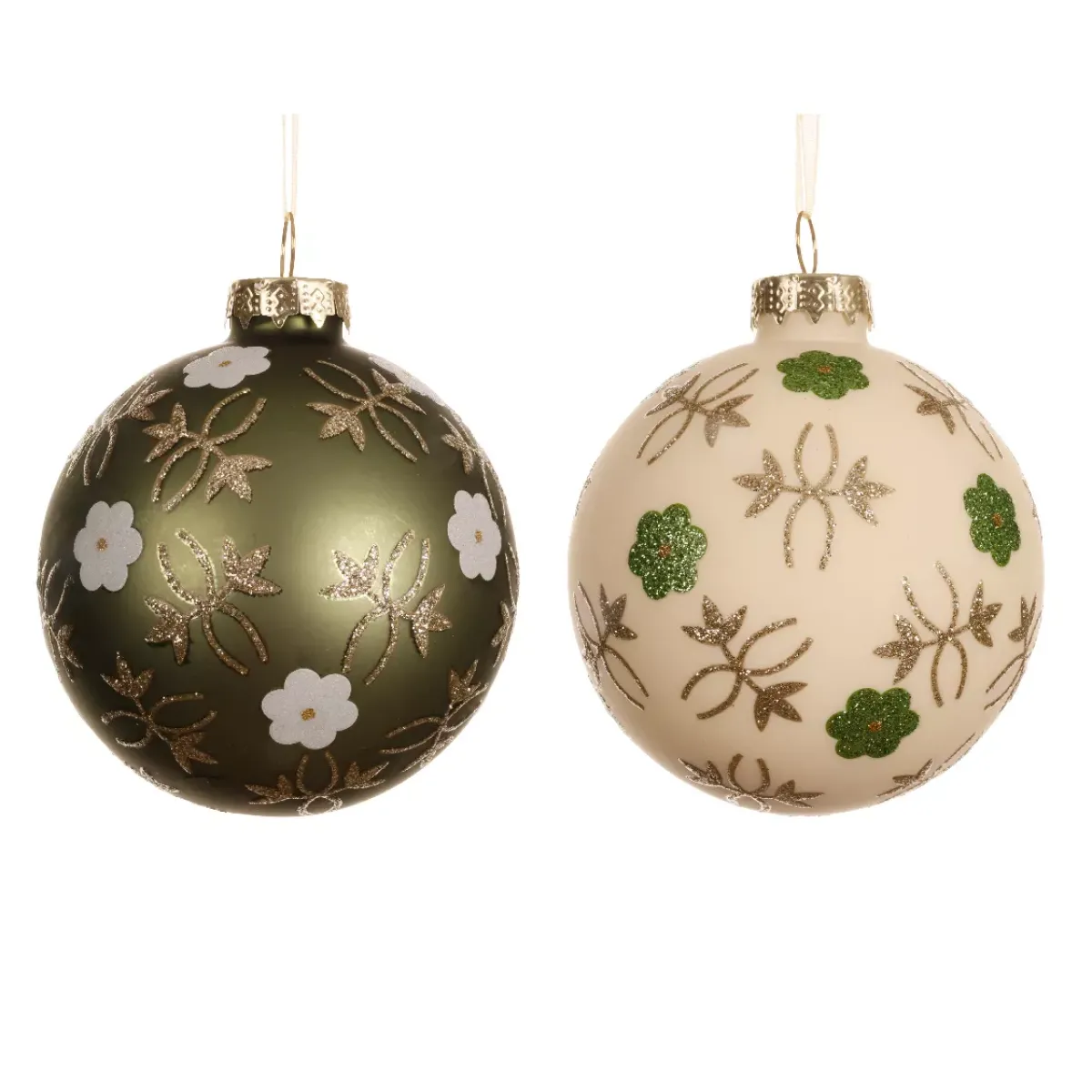 KAEMINGK Palline Di Natale-Set di 12 palline di Natale in vetro (D80 mm) Fiori Natura e bianco