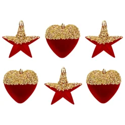 JJA Addobbi Natalizi-Set di 6 pendenti (H15 cm) Cuori e stelle con paillettes Rosso e