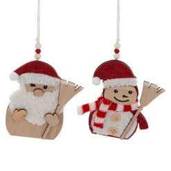 JJA Addobbi Natalizi-Set di 2 pendenti in legno (H12 cm) Scope di Natale e Rosso