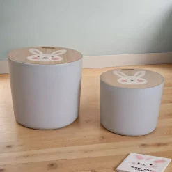 EMINZA Mobili Bambini-Set di 2 pouf contenitori bambini legno (Alt 31 e 24 cm) Coniglio
