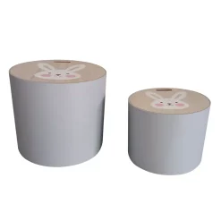EMINZA Mobili Bambini-Set di 2 pouf contenitori bambini legno (Alt 31 e 24 cm) Coniglio