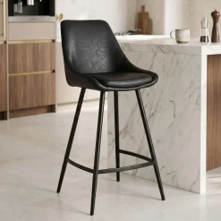 Sgabello Alto-Set di 2 sedie per isola centrale con schienale in similpelle (Altezza seduta 67cm) Juno
