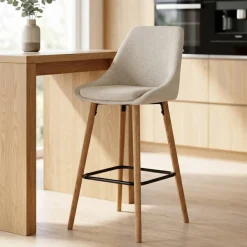 Sgabello Alto-Set di 2 sedie per isola centrale con schienale in tessuto (Altezza seduta 67cm) Juno Crema gambe in rovere