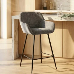 Sgabello Alto-Set di 2 sedie per isola centrale con schienale in tessuto chenille (seduta 65cm) Zola