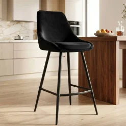 Sgabello Alto-Set di 2 sedie per isola centrale con schienale in velluto (Altezza seduta 67cm) Juno