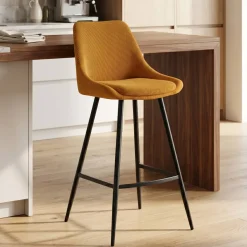 Sgabello Alto-Set di 2 sgabelli da bar con schienale in velluto a coste (Altezza seduta 75cm) Juno curry