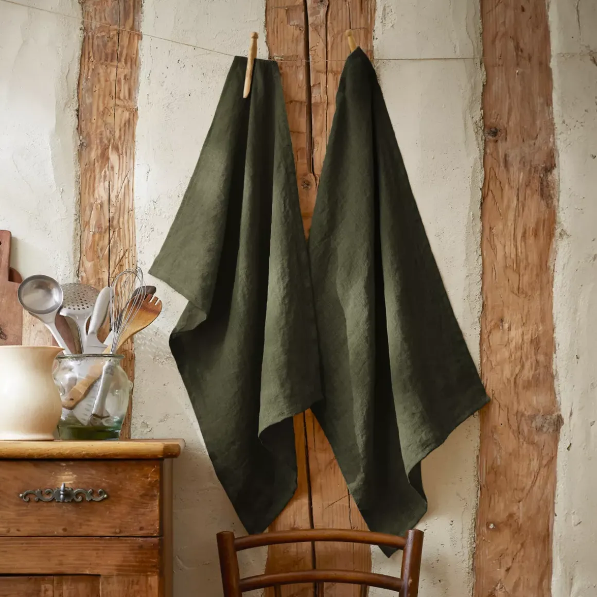 Set di 2 strofinacci lino lavato (50 x 70 cm) Louise Verde rosmarino