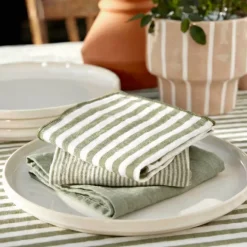 EMINZA Tovaglioli-Set di 3 tovaglioli in garza di cotone (40 x 40 cm) Gaïa a righe Verde eucalipto