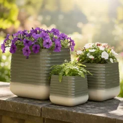 EMINZA Coprivaso Per Esterno-Set di 3 vasi da esterno quadrati (H49-37-27 cm) Jamie Grigio e