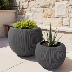EMINZA Coprivaso Per Esterno-Set di 2 vasi da esterno rotondi (H41-30 cm) Lennox striati Grigio