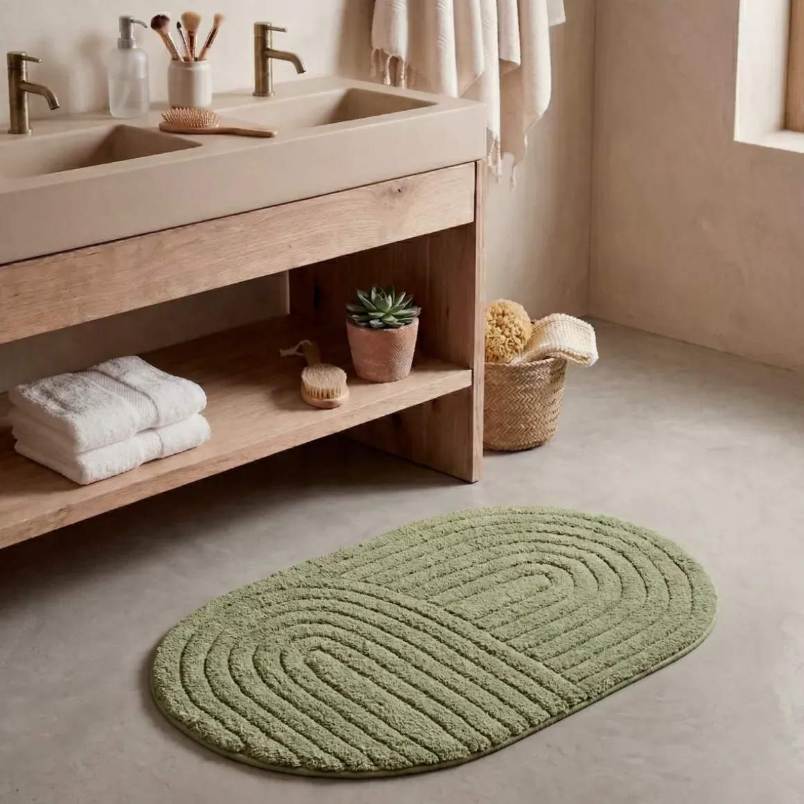Tappeto da bagno ovale in cotone tuftato (50 x 80 cm) Boho-chic Verde oliva