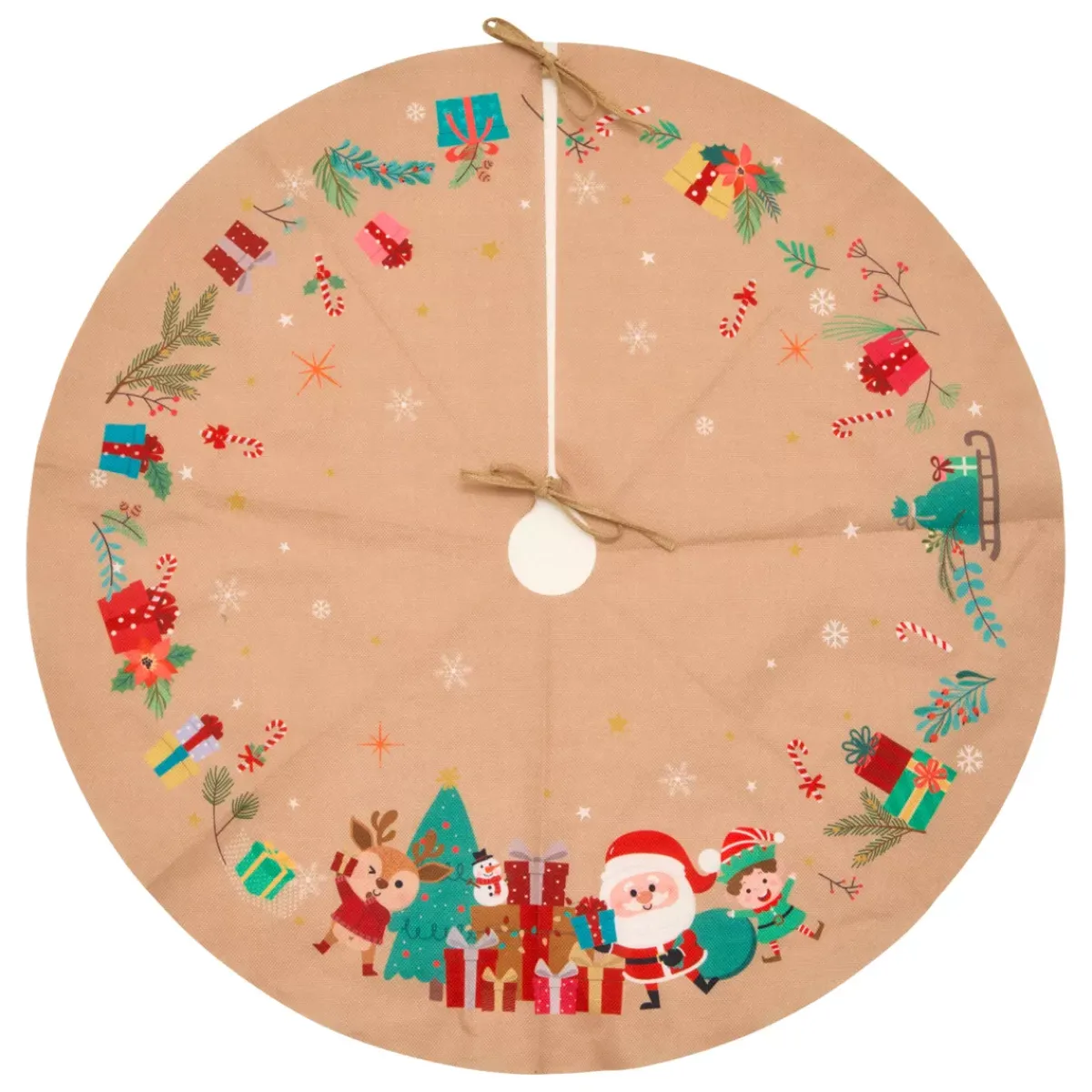 JJA Accessori Per Albero Di Natale-Tappeto per albero di Natale in juta (D90 cm) Elfo e Babbo Natale Multicolore
