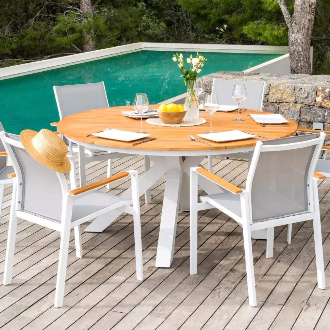Tavolo da giardino rotondo 6 posti Alluminio/Teck (Ø140 cm) Bali Bianco
