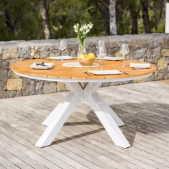 Tavolo da giardino rotondo 6 posti Alluminio/Teck (Ø140 cm) Bali Bianco