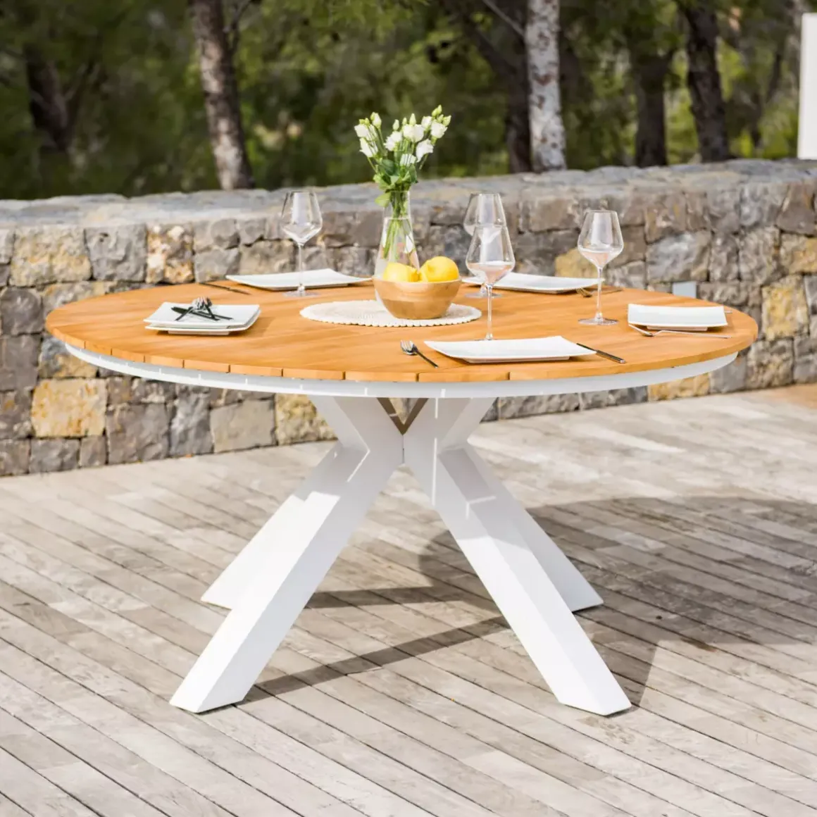 Tavolo da giardino rotondo 6 posti Alluminio/Teck (Ø140 cm) Bali Bianco