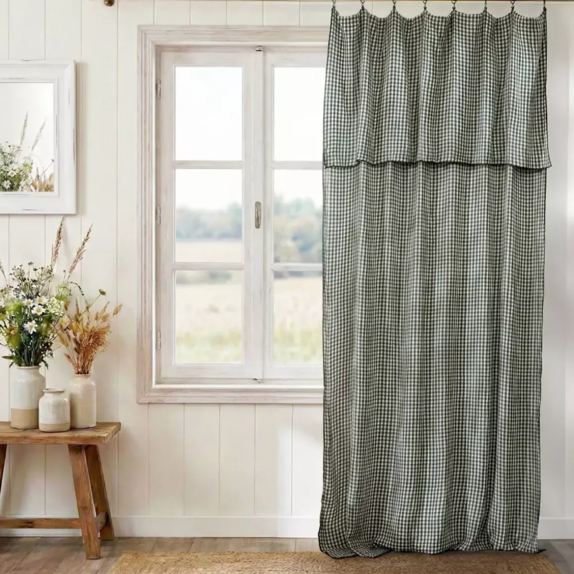 Tenda garza di cotone regolabile (140 x max 300 cm) Gaïa vichy Verde rosmarino
