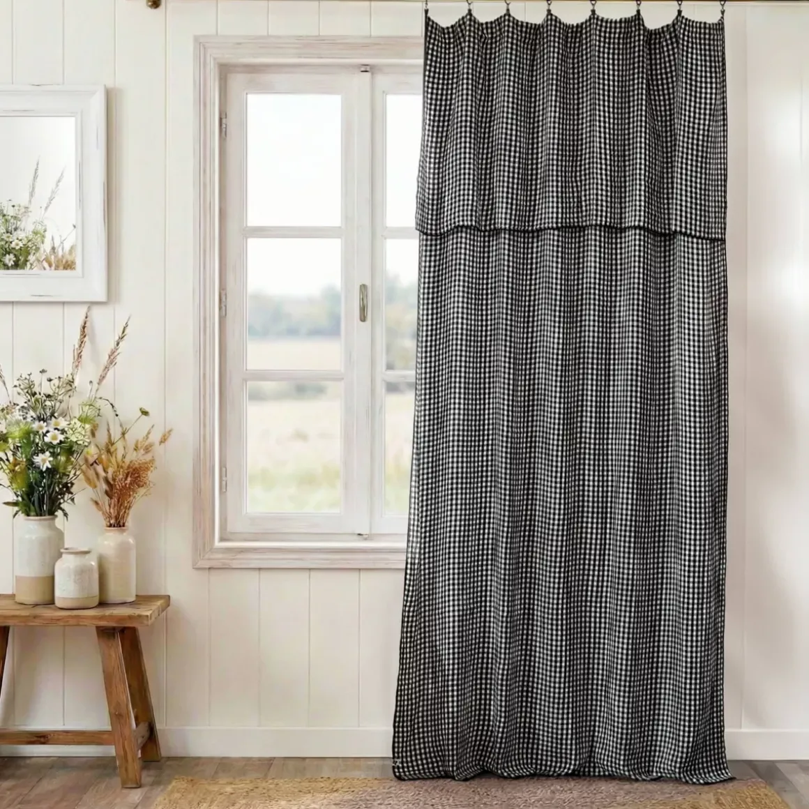 Tenda garza di cotone regolabile (140 x max 180 cm) Gaïa vichy Nero