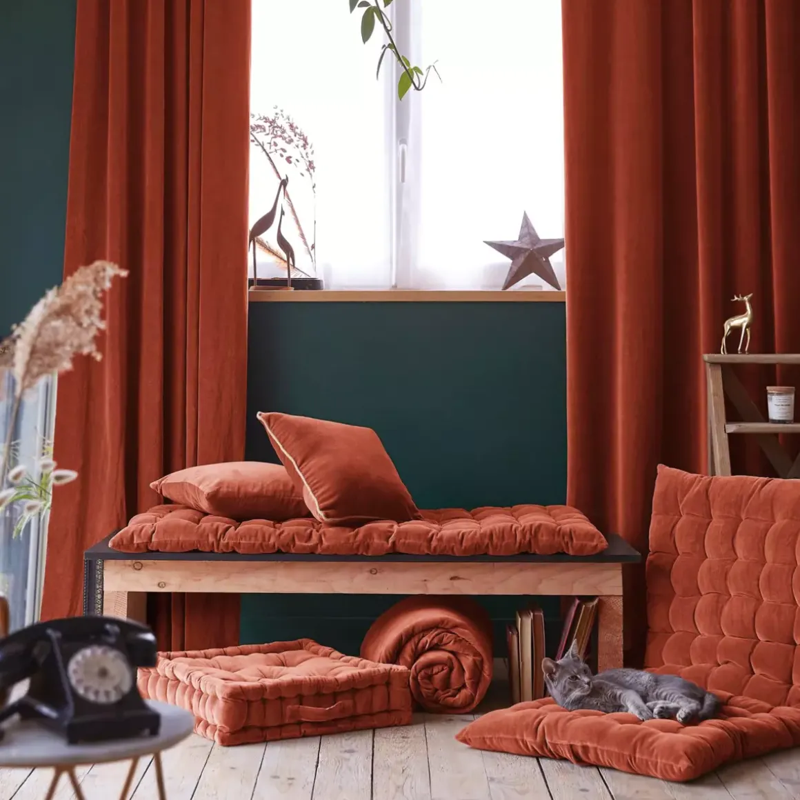 Tenda iin velluto di cotone regolabile (140 x max 270 cm) Victor Terracotta