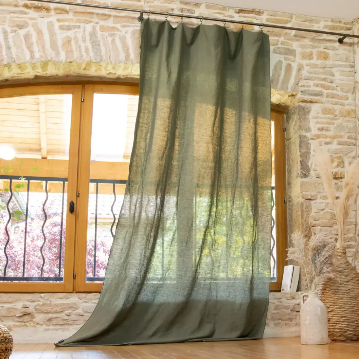 Tenda regolabile lino lavato (140 x max 270 cm) Louise Verde rosmarino