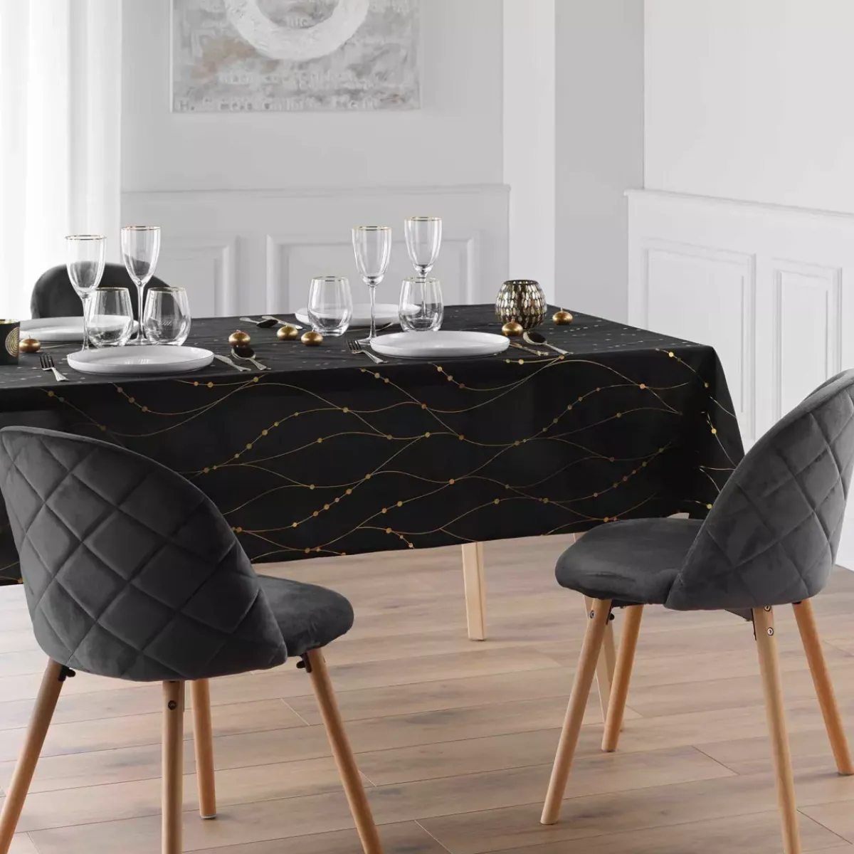 douceur d'intu017drieur Tovaglia E Runner Da Tavolo Per Le Feste-Tovaglia di Natale rettangolare anti macchia (140 x 240 cm) Firmament e dorato