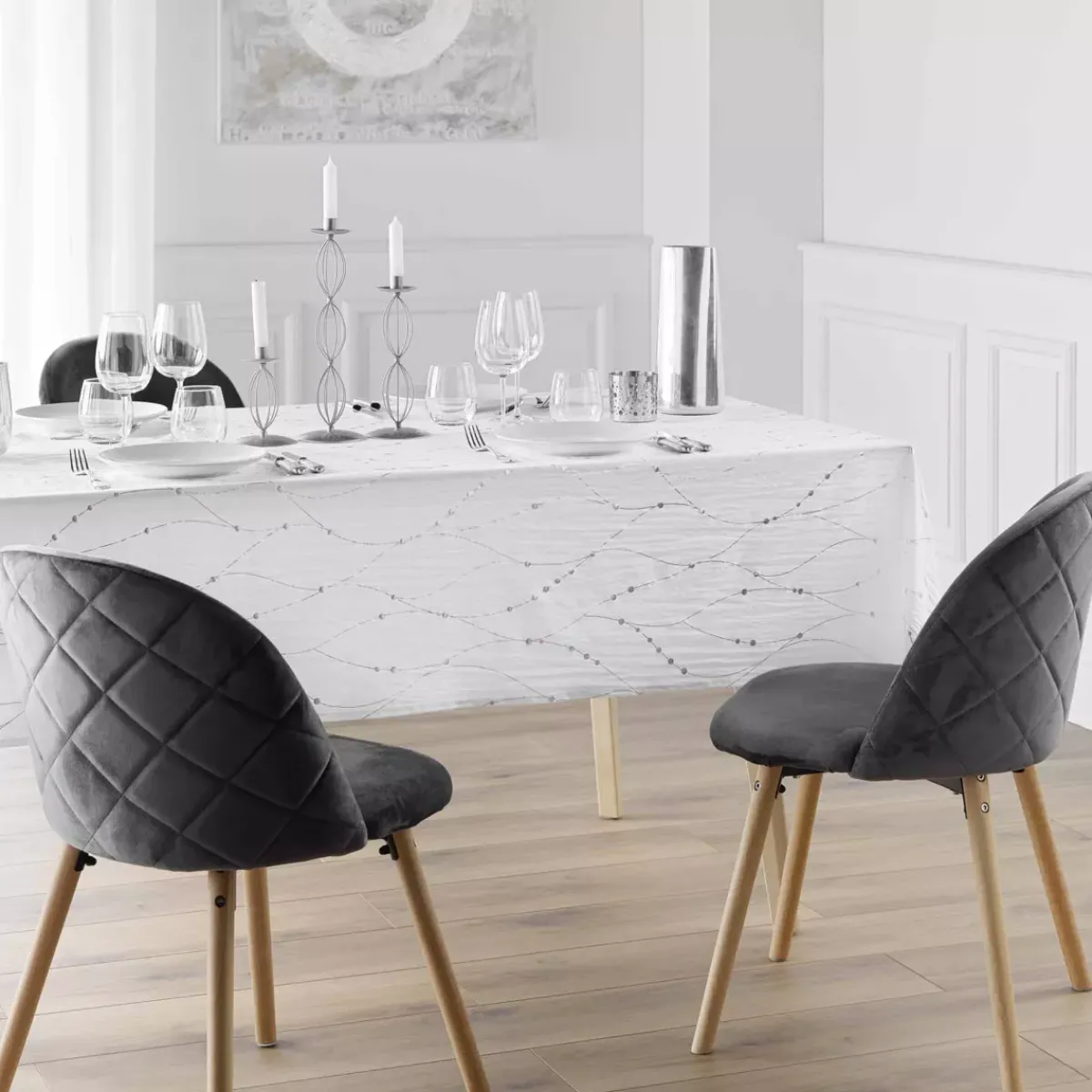 Douceur d interieur Tovaglia E Runner Da Tavolo Per Le Feste-Tovaglia natalizia rettangolare (140 x 240 cm) Astrelia e argento