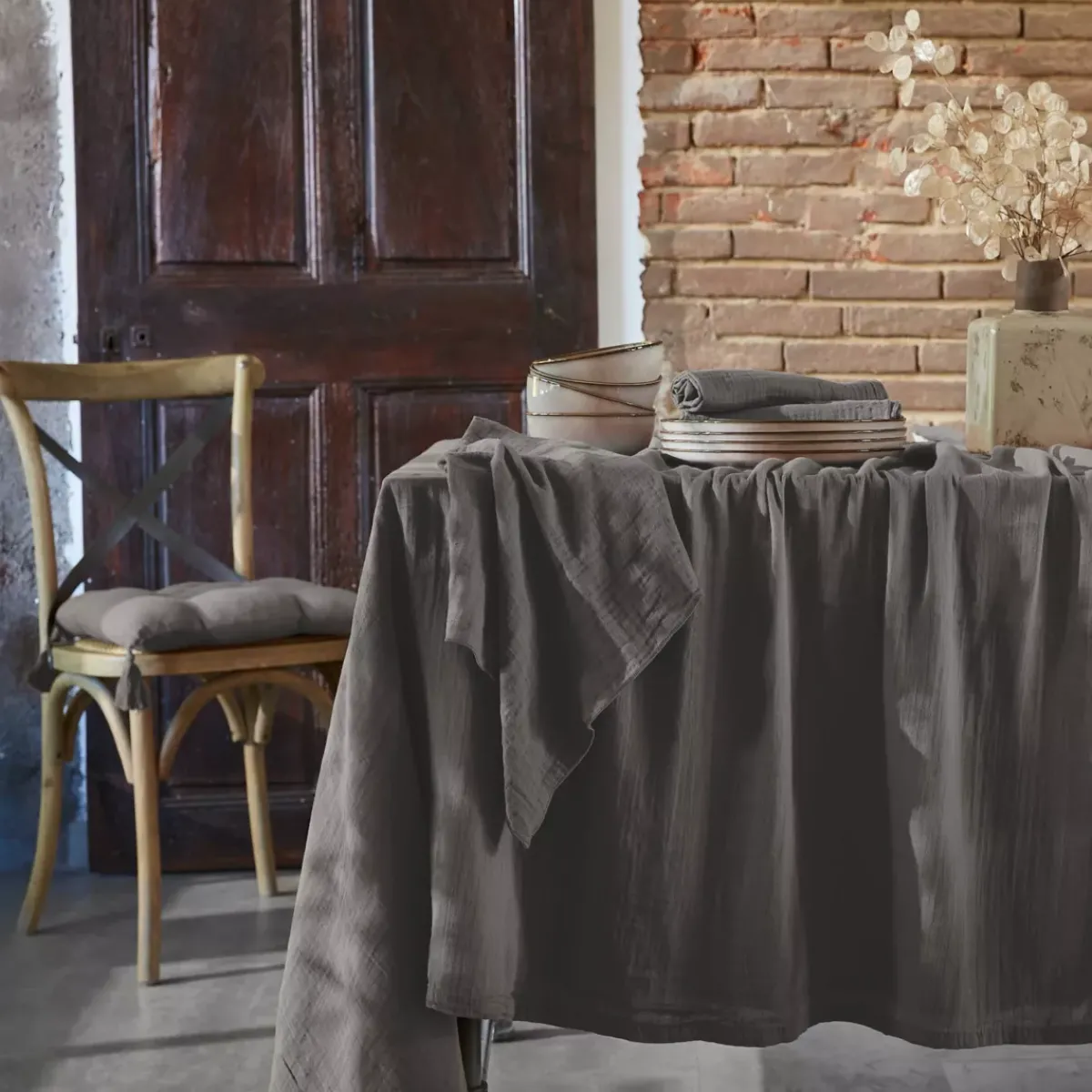 EMINZA Tovaglie-Tovaglia rettangolare garza di cotone (L250 cm) Gaïa Grigio granito