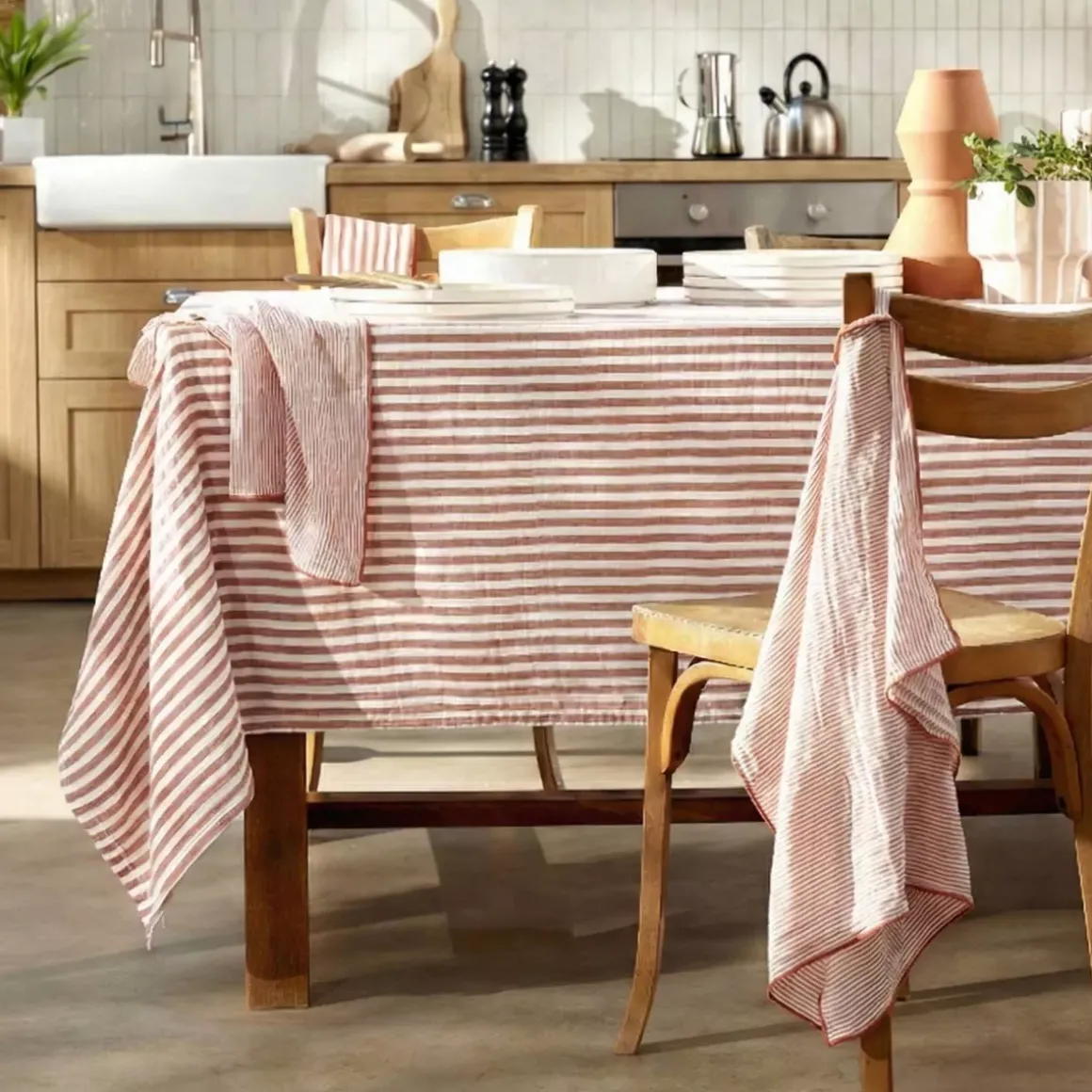 Tovaglia rettangolare in garza di cotone (150 x 250 cm) Gaïa a righe Albicocca