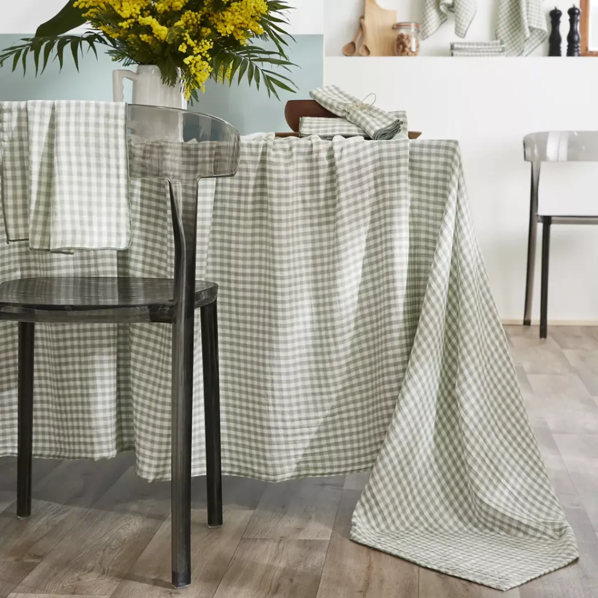 EMINZA Tovaglie-Tovaglia rettangolare in garza di cotone (150 x 350 cm) Gaïa vichy Verde eucalipto