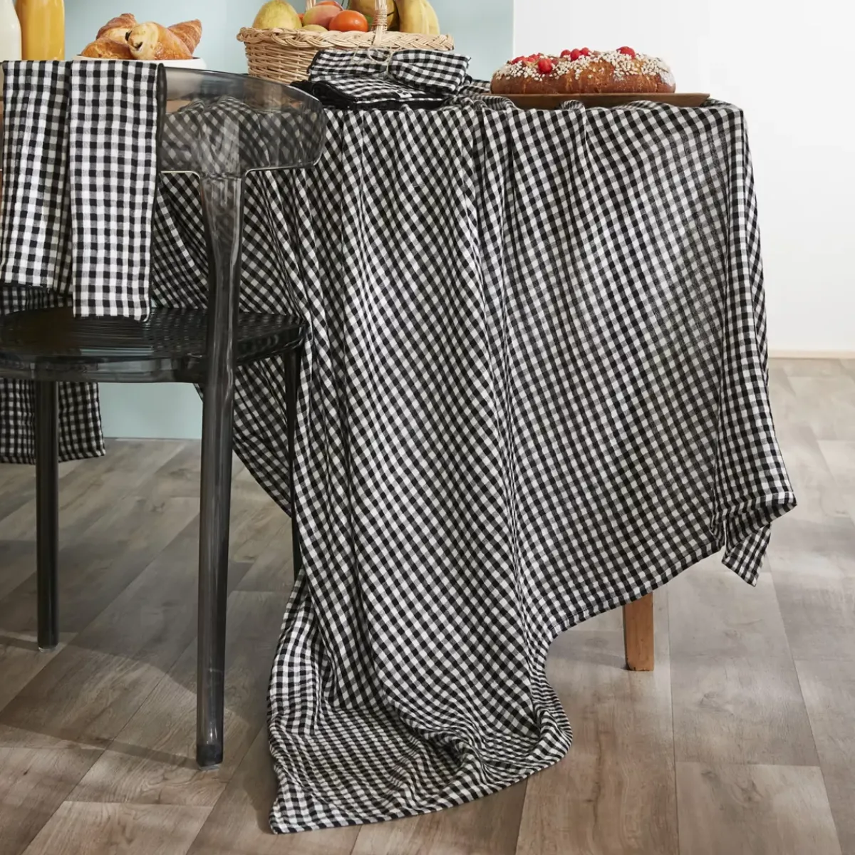 EMINZA Tovaglie-Tovaglia rettangolare in garza di cotone (150 x 350 cm) Gaïa vichy Nera